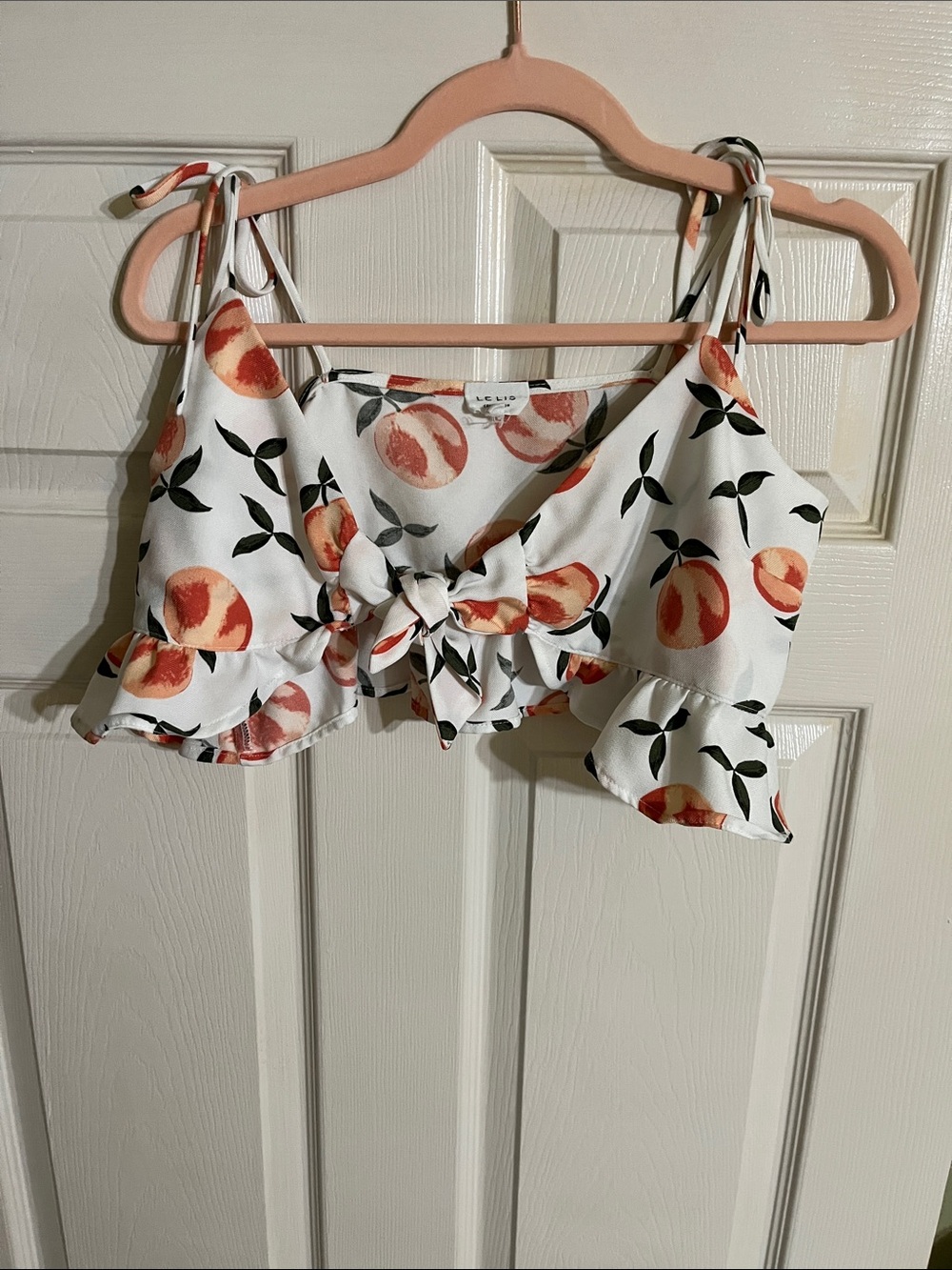 Le Lis White Peach Print Tie-Front Ruffle Camisole